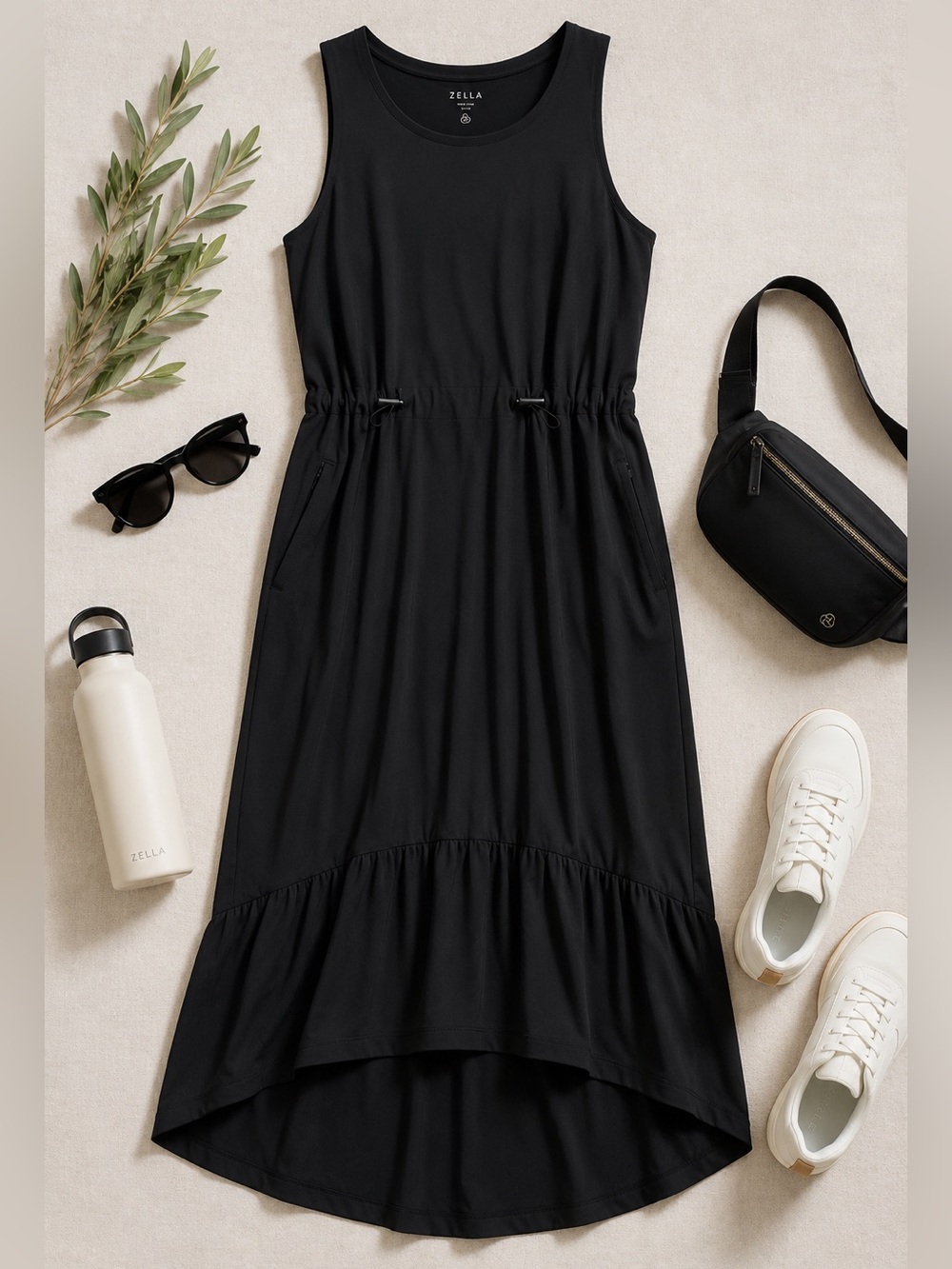 Zella Black Sleeveless Midi Dress with Drawstring Waist